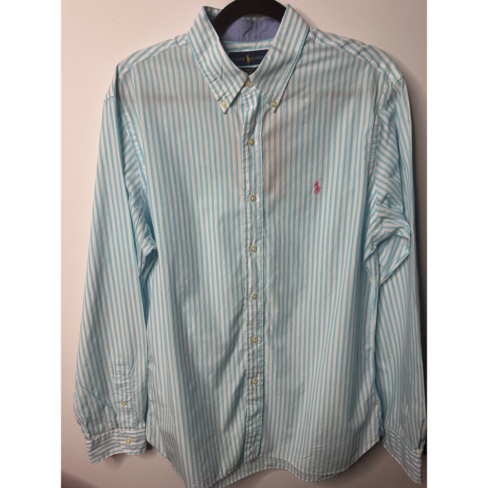 Polo Ralph Lauren Slim Fit Shirt Mens Large Blue White Striped Cotton Pink Pony